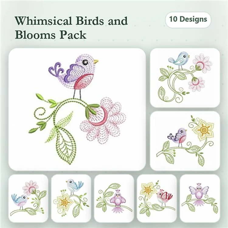 Rippled Whimsical Birds & Floral Embroidery Designs Bundle – Bird on Flower Stem, Blue Bird with Blossom & More (10 Designs)