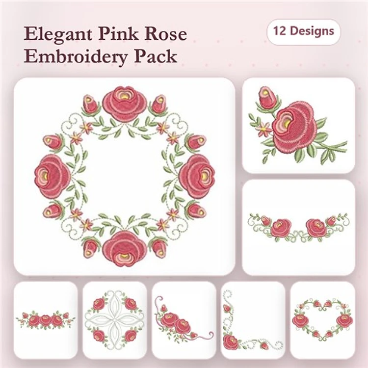 Floral Arrangements Embroidery Designs Bundle – Pink Rose Flourish, Floral Wreath with Roses, Rose Vine Border & More (12 Designs)