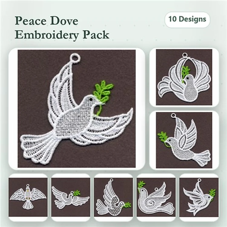 FSL Peace Doves Embroidery Designs Bundle – Dove with Olive Branch, Flying Dove, Dove Ornament & More (10 Designs)