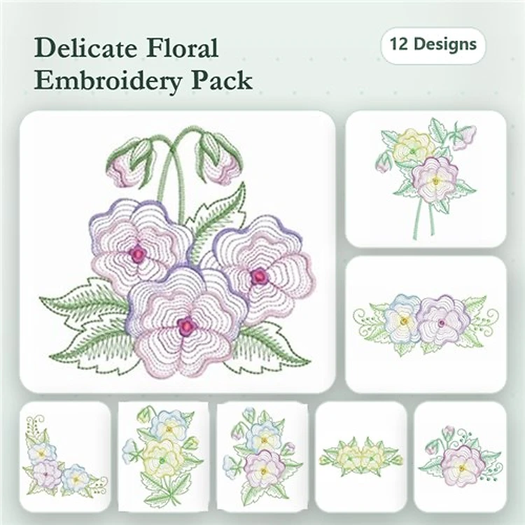 Rippled Floral Embroidery Designs Bundle – Delicate Arrangements, Single Blooms, Cluster of Flowers & More (12 Designs)