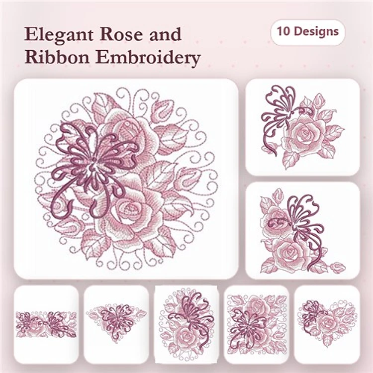 Elegant Rose and Ribbon Embroidery Designs Bundle – Rose Bouquet, Single Rose, Cluster of Roses & More (10 Designs)