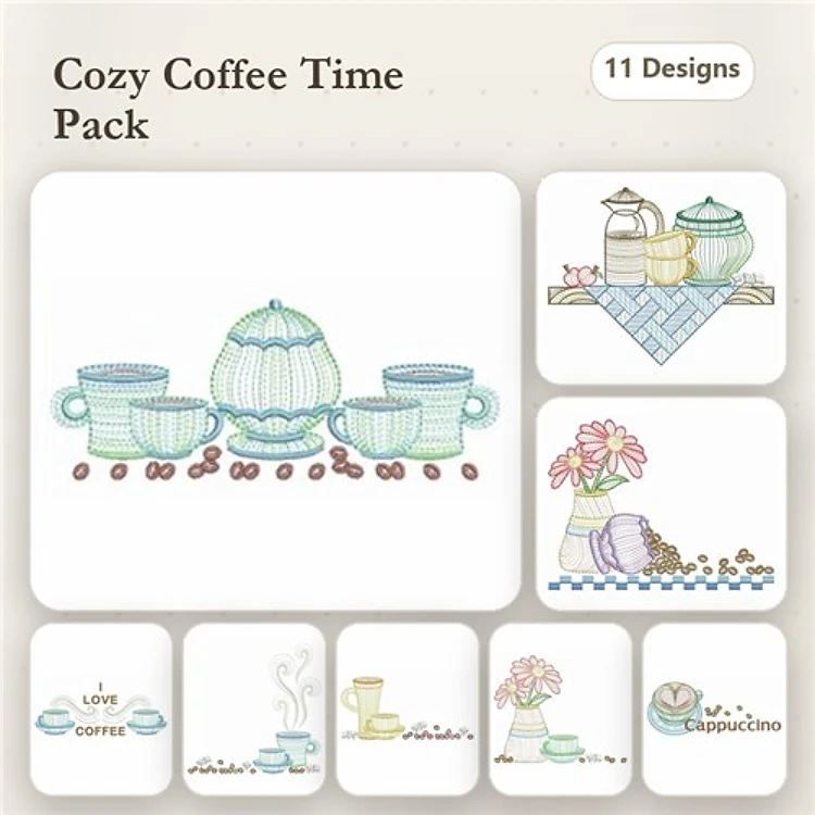 Rippled Coffee & Tea Embroidery Designs Bundle – Teapot and Cups, Coffee Beans, Tea Time with Flowers & More (11 Designs)