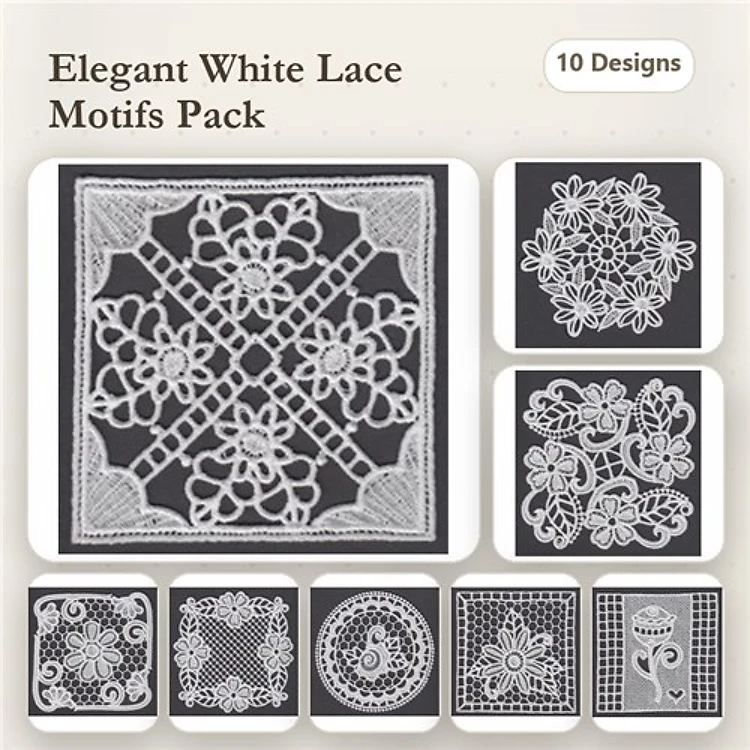 FSL Elegant Lace Embroidery Designs Bundle – Floral Motif, Doily, Heart, Cup & More (10 Designs)