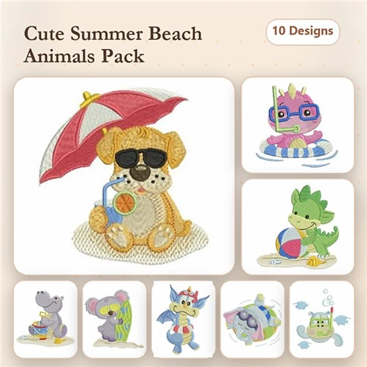 Beach Dog & Animal Embroidery Bundle – Summer Fun (10 Designs)