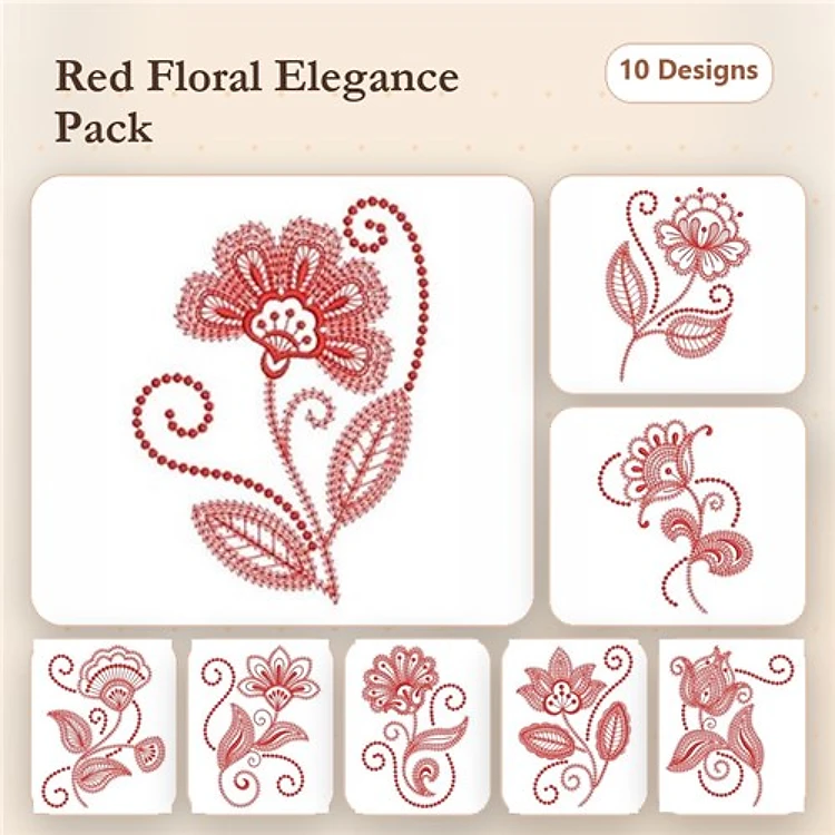 Redwork Floral Embroidery Designs Bundle – Red Floral with Curves, Simple Blossom, Flower Bud with Swirl & More (10 Designs)