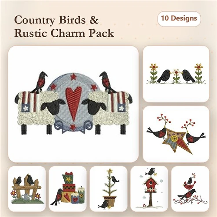 Country Birds Embroidery Bundle – Red Bird on Fence, Birds on a Heart, Birdhouse with Flowers & More (10 Designs)