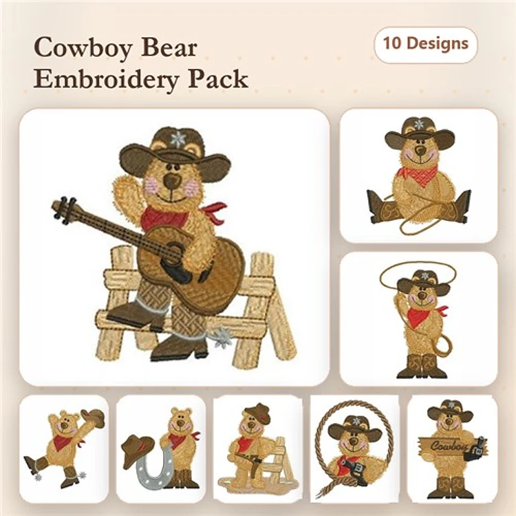 Cowboy Bear Embroidery Designs Bundle – Guitar, Lasso, Saddle & More (10 Designs)