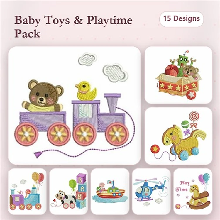 Baby Toys & Playtime Embroidery Designs Bundle – Teddy Bear on Train, Rocking Horse, Toy Boat & More (15 Designs)