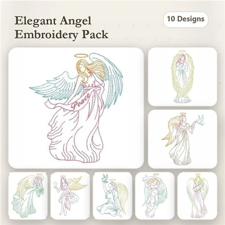 Angels Embroidery Bundle – Angel with Dove, Angel Holding Heart, Angel in Robe & More (10 Designs)