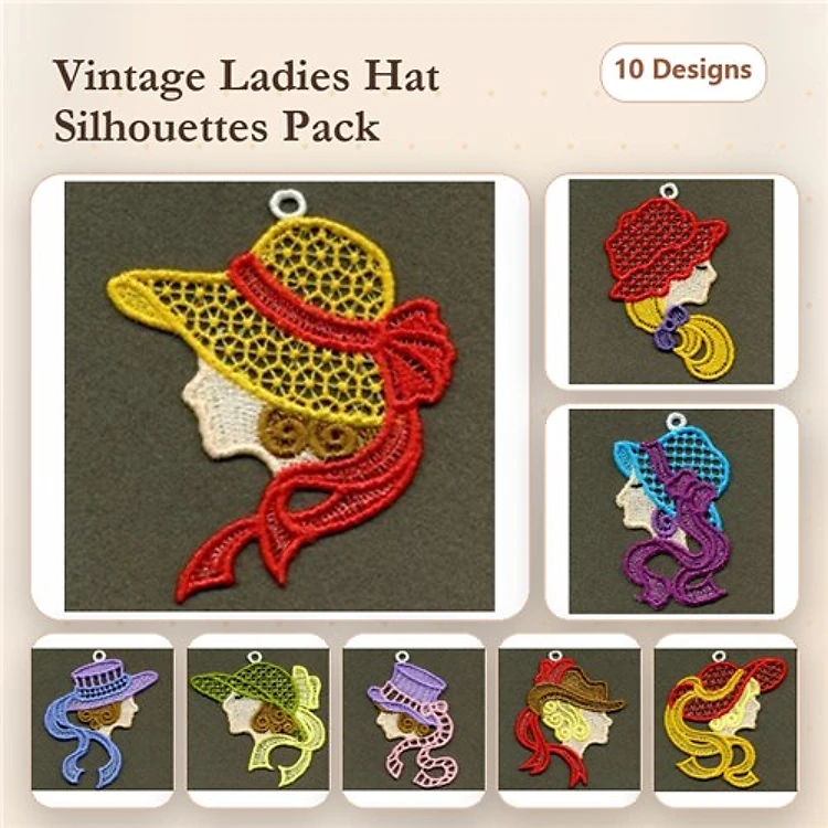 FSL Ladies Hat Silhouettes Embroidery Designs Bundle – Elegant Yellow, Red, Blue & More (10 Designs)