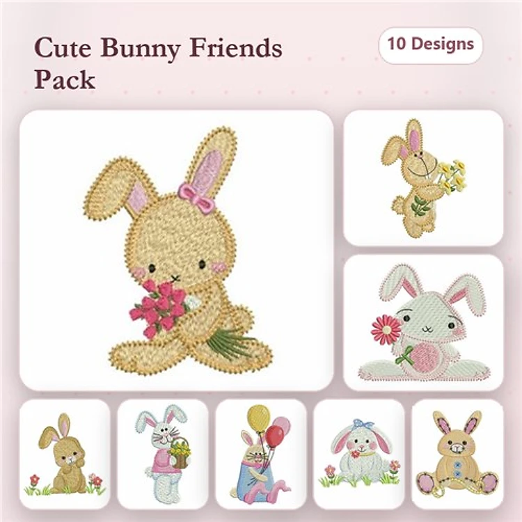 Cute Bunny Embroidery Bundle – Bunny with Flowers, Bunny with Balloon, Pink Bunny with Flower & More (10 Designs)