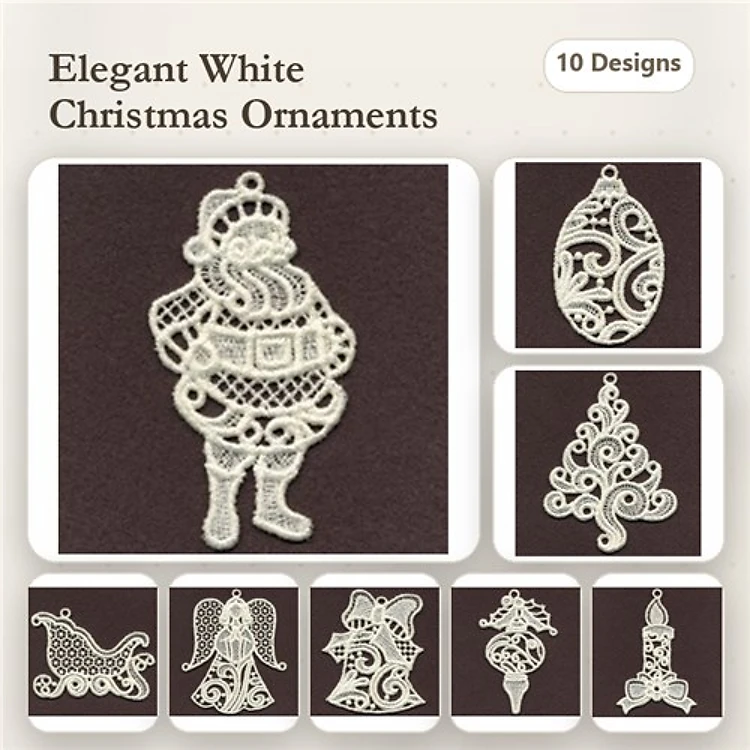 FSL Elegant White Christmas Ornaments Embroidery Designs Bundle – Santa, Snowman, Christmas Tree & More (10 Designs)