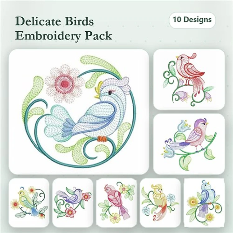 Delicate Birds Embroidery Bundle – Blue Bird, Pink Bird, Colorful Bird & More (10 Designs)