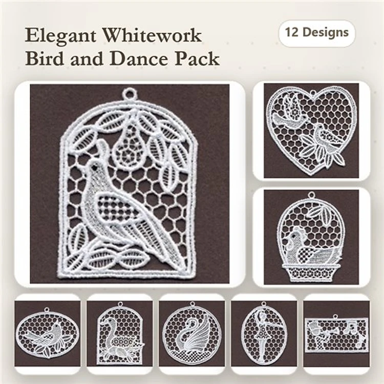 FSL Bird-Themed Embroidery Bundle – Bird Ornament, Heart Ornament, Birdcage Ornament & More (12 Designs)