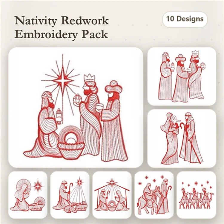 Redwork Nativity Embroidery Designs Bundle – Mary and Baby Jesus, Three Wise Men, Shepherd with Sheep & More (10 Designs)