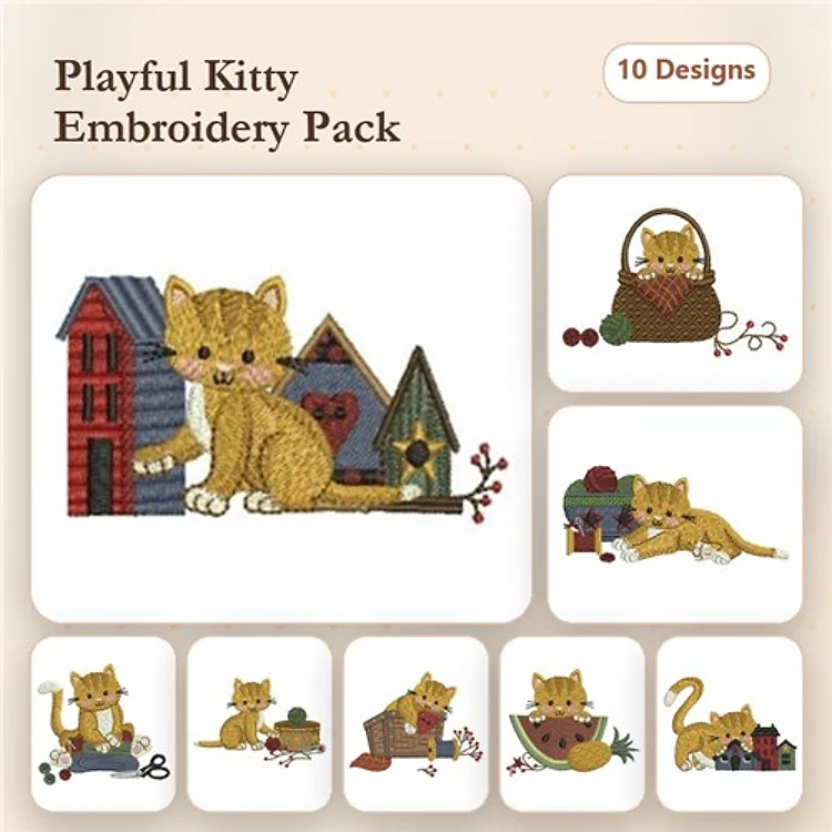 Kitten Adventures Embroidery Designs Bundle – Cat with House, Kitten Playing with Ball & More (10 Designs)