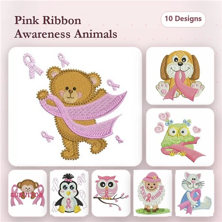 Pink Ribbon Awareness Animals Embroidery Bundle – Cute Designs (10 Designs)