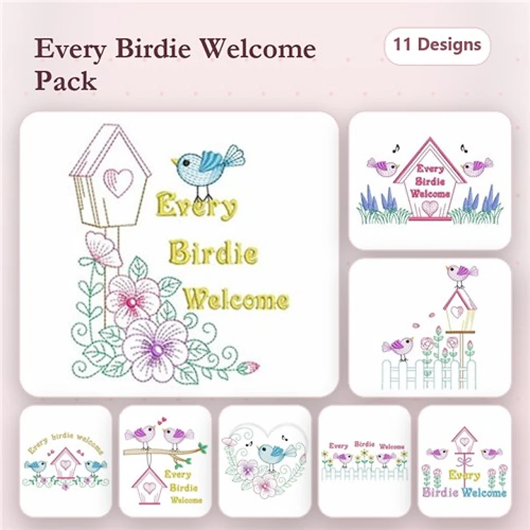 Birdhouse & Floral Embroidery Bundle – Birdhouse with Flowers, Every Birdie Welcome, Floral Welcome Sign & More (11 Designs)