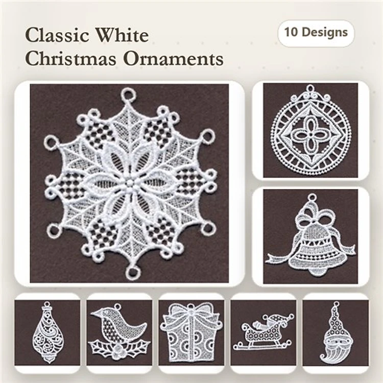 FSL Christmas Ornament Embroidery Designs Bundle – Snowflake, Bell, Gift Box & More (10 Designs)