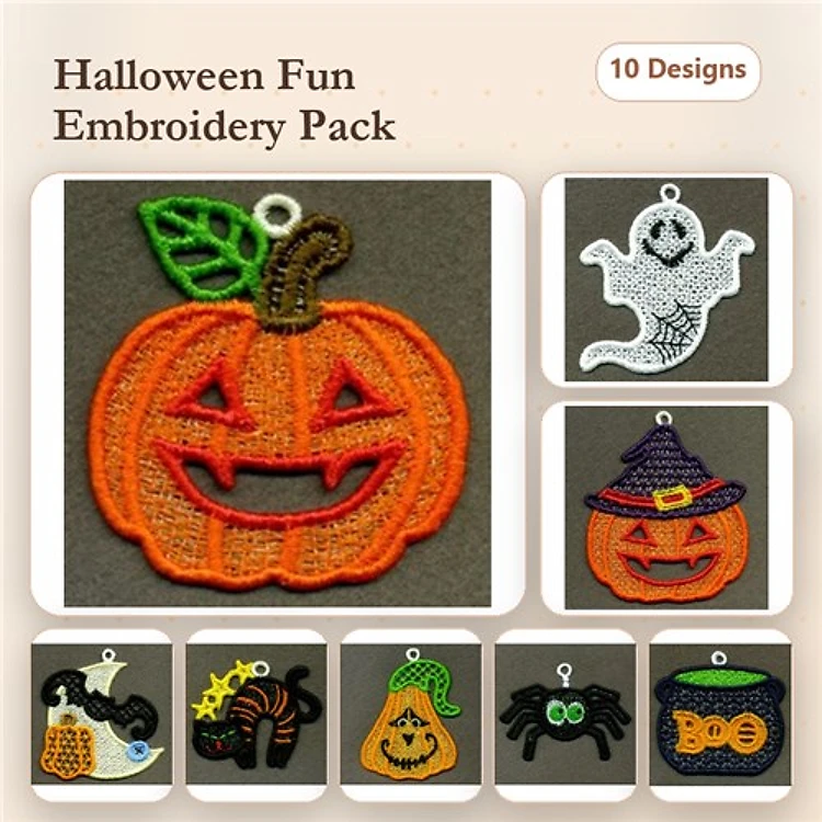FSL Halloween Embellishment Embroidery Bundle – Jack-O'-Lantern, Ghost, Witch Hat & More (10 Designs)