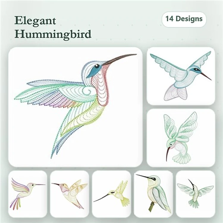 Rippled Hummingbird Embroidery Designs Bundle – Elegant Hummingbird in Flight, Hummingbird with Spread Wings & More (14 Designs)