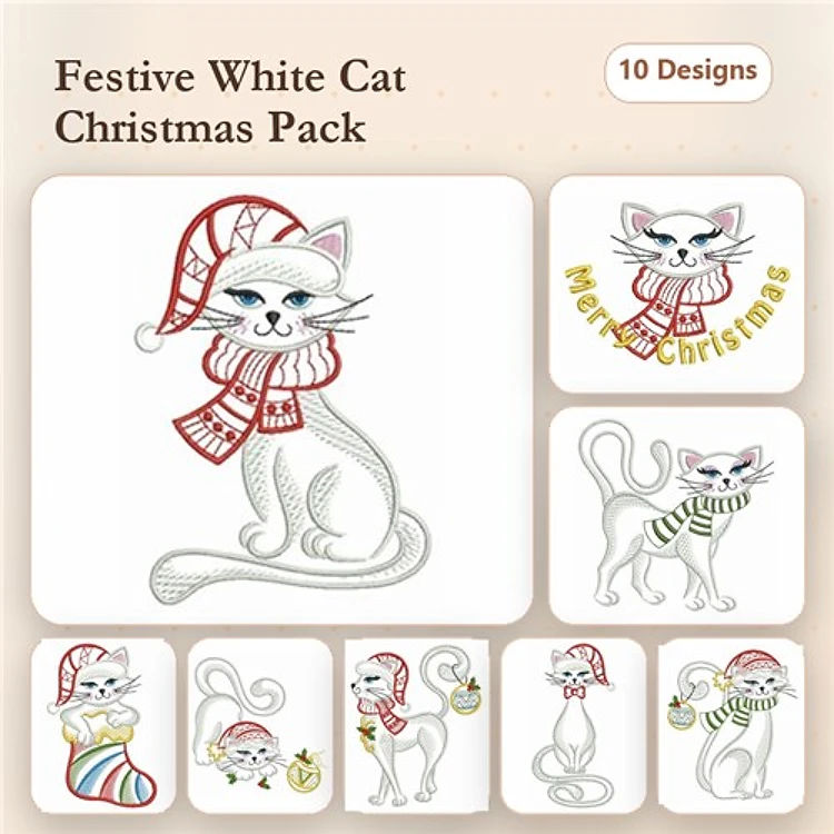 Festive White Cats Embroidery Designs Bundle – White Cat with Christmas Scarf, Santa Hat, Ornament & More (10 Designs)