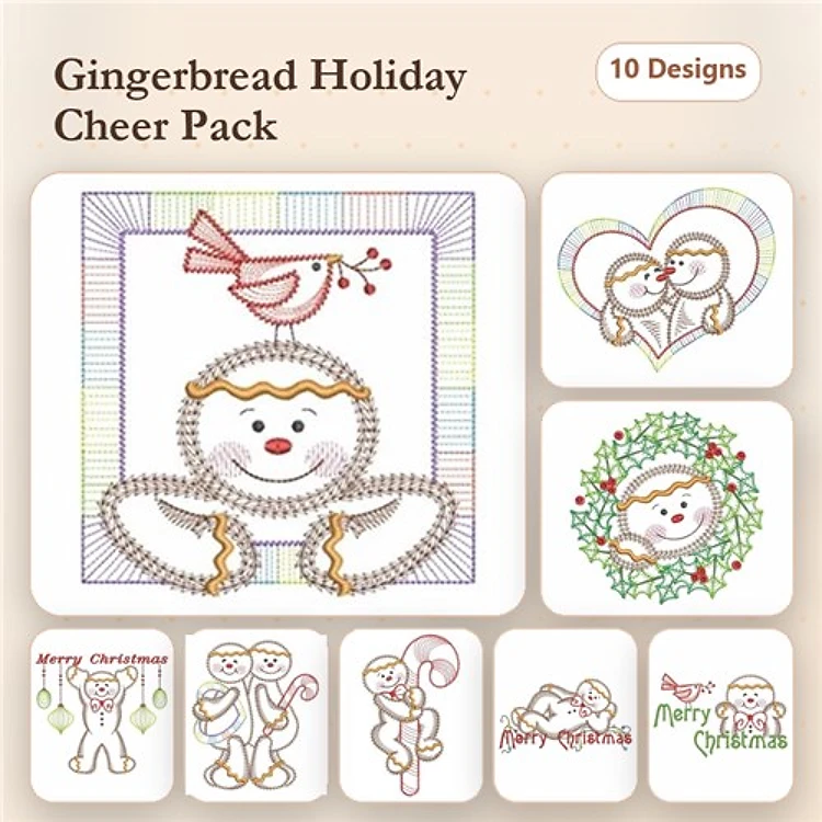 Redwork Gingerbread Holiday Embroidery Bundle – Gingerbread Man, Christmas Wreath, Merry Christmas & More (10 Designs)