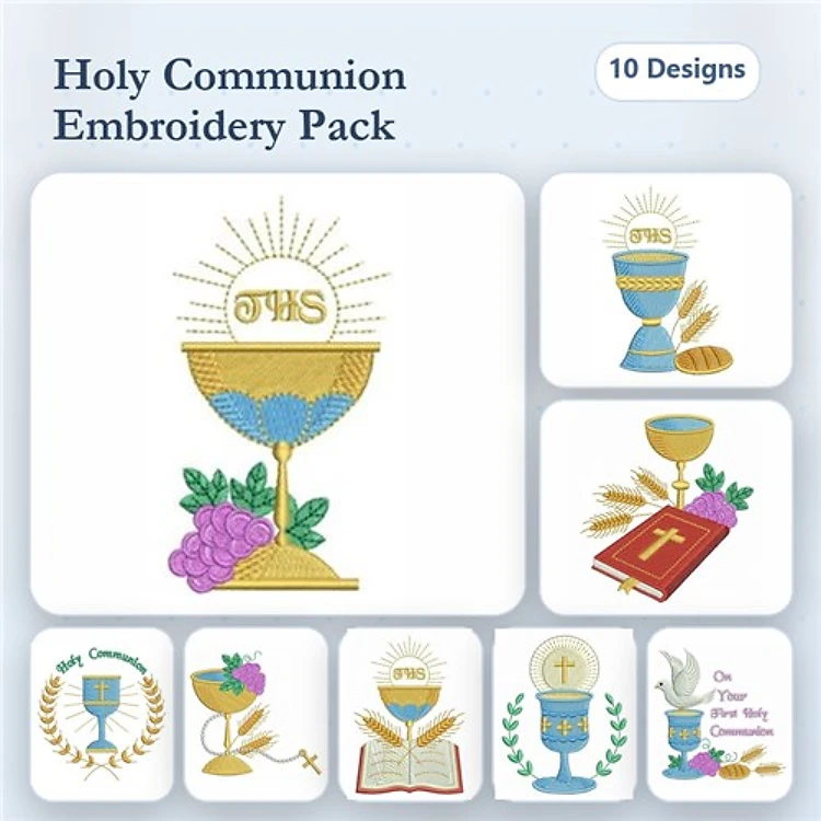 Holy Communion Embroidery Designs Bundle – Chalice with Grapes, Holy Communion Book, Wheat Sheaf & More (10 Designs)
