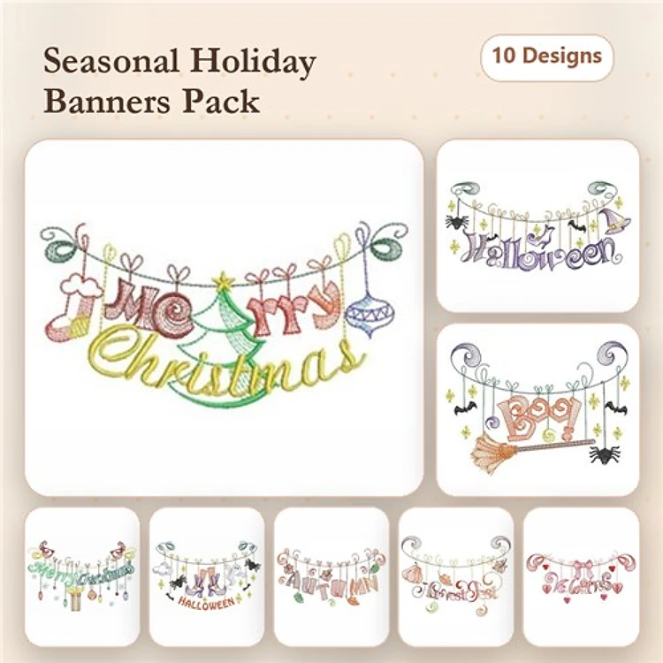 Seasonal Holiday Banners Embroidery Bundle – Merry Christmas, Halloween, Easter, Thanksgiving & More (10 Designs)