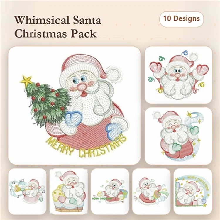 Rippled Whimsical Santa Embroidery Bundle – Santa with Christmas Tree, Santa with Gifts, & More (10 Designs)