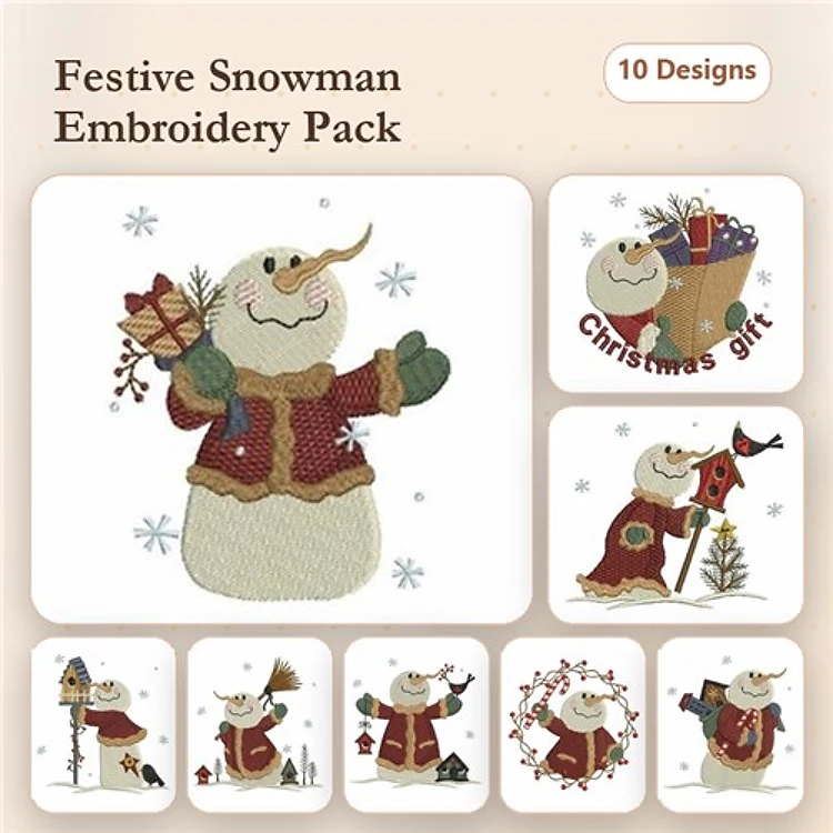 Festive Snowman Embroidery Designs Bundle – Snowman with Christmas Gift, Snowman in Red Scarf, & More (10 Designs)