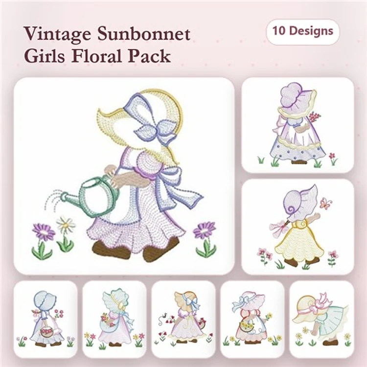 Rippled Vintage Sunbonnet Girls Embroidery Designs Bundle – Watering Can, Flowers, Basket & More (10 Designs)