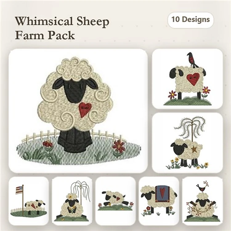 Farm Animal Embroidery Bundle – Sheep with Heart, Sheep with Bird, Baa Baa Sheep & More (10 Designs)