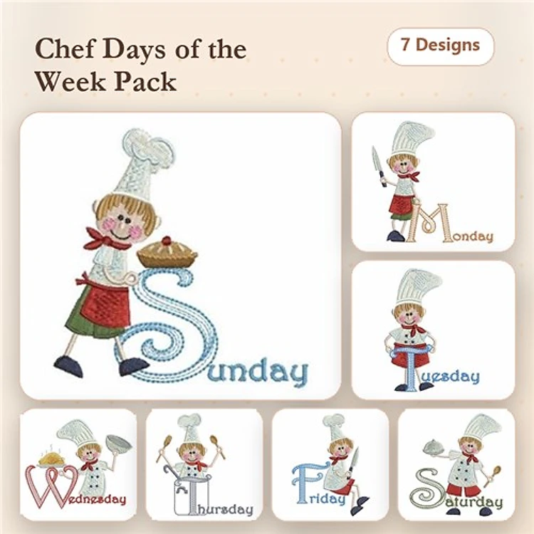 Chef Days of the Week Embroidery Designs Bundle – Monday Chef, Tuesday Chef, Wednesday Chef & More (7 Designs)