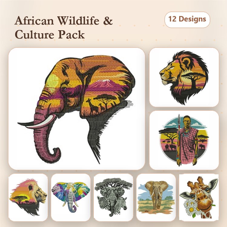African Wildlife Embroidery Designs Bundle – Elephant Silhouette, Lion Head, African Warrior & More (12 Designs)