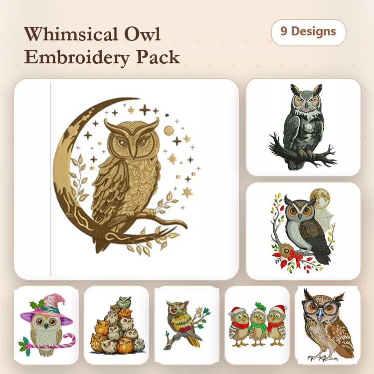 Owl Embroidery Bundle – Owl on Moon, Owl Family, Santa Owl & More (9 Designs)