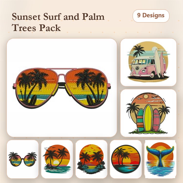 Sunset Beach Scenes Embroidery Designs Bundle – Sunglasses with Palm Trees, Retro Surf Van, Sunset Surfboard & More (9 Designs)