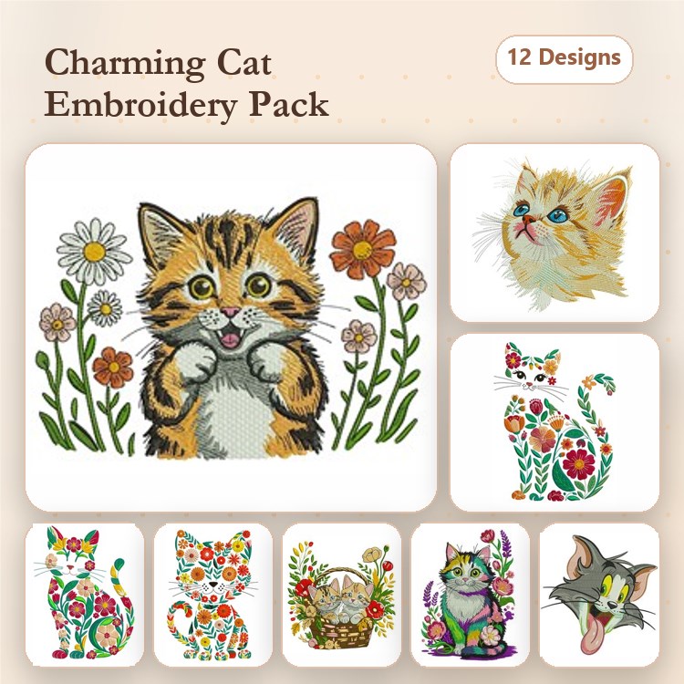 Charming Cats Embroidery Designs Bundle – Playful Kitten, Floral Cat, Tom Cat & More (12 Designs)