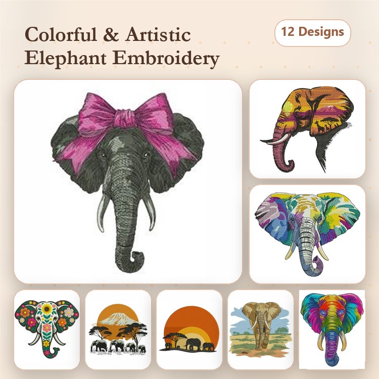 Artistic Elephants Embroidery Designs Bundle – Elephant with Pink Bow, Colorful Elephant, Abstract Elephant & More (12 Designs)