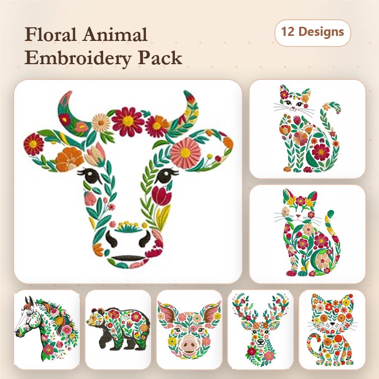 Floral Animals Embroidery Designs Bundle – Cow, Cat, Horse, Bear & More (12 Designs)