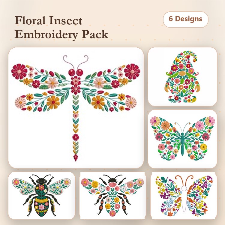 Floral Insects Embroidery Designs Bundle – Dragonfly with Flowers, Gnome with Floral Pattern, Butterfly with Flowers & More (6 Designs)