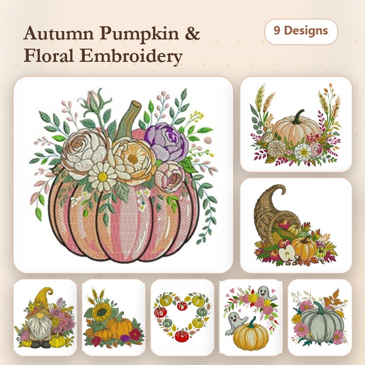 Autumn Pumpkin & Floral Embroidery Designs Bundle – Pumpkin with Flowers, Cornucopia with Fruits, Gnome with Pumpkin & More (9 Designs)