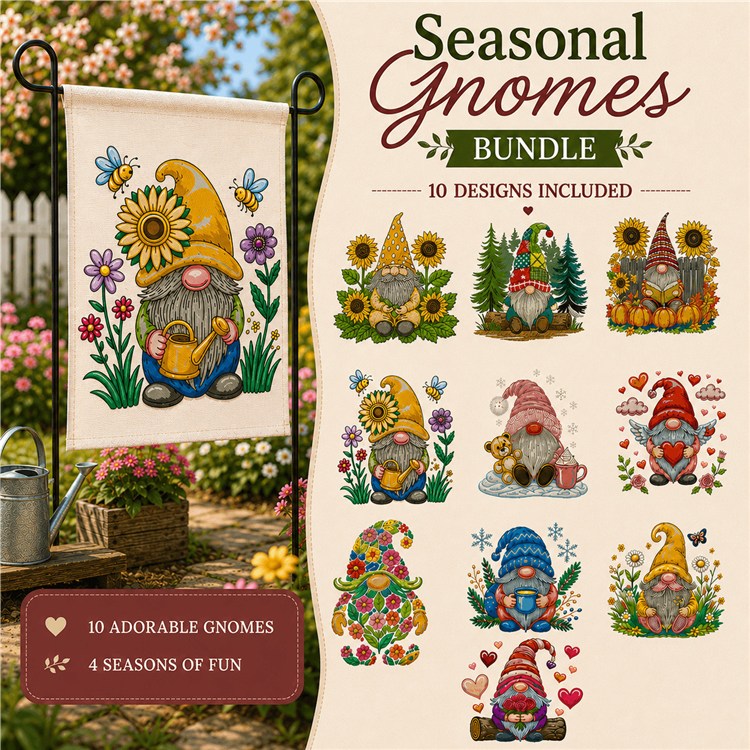 Seasonal Gnomes Embroidery Designs Bundle – Gnome with Sunflower, Winter Gnome with Snowflakes, Valentine Gnome with Hearts & More (10 Designs)