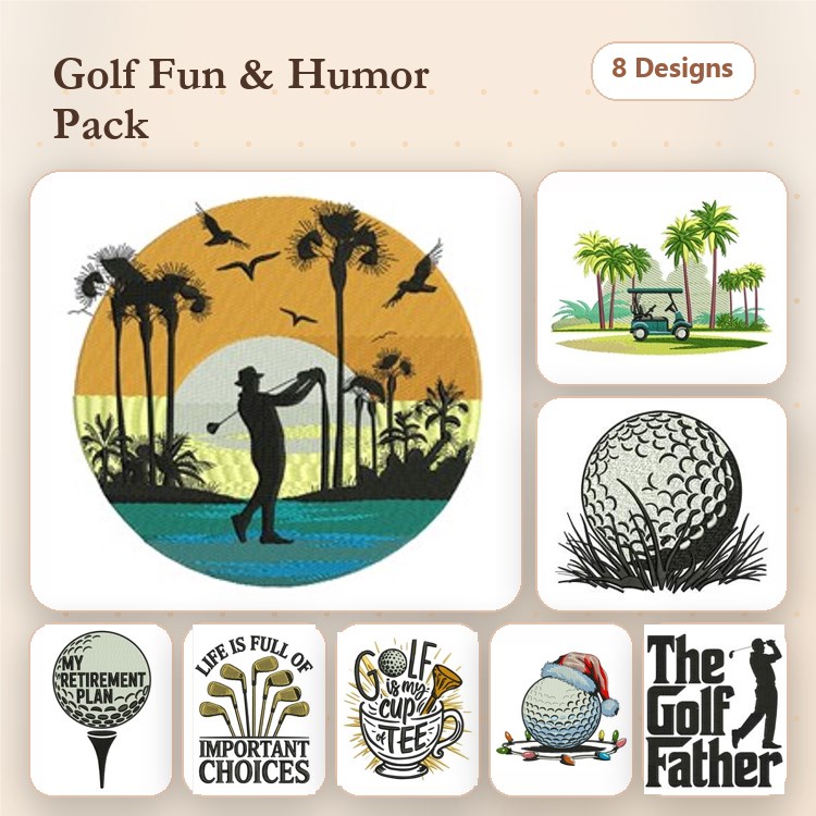 Golf Humor Embroidery Designs Bundle – Golfer Silhouette, The Golf Father, Retirement Plan & More (8 Designs)