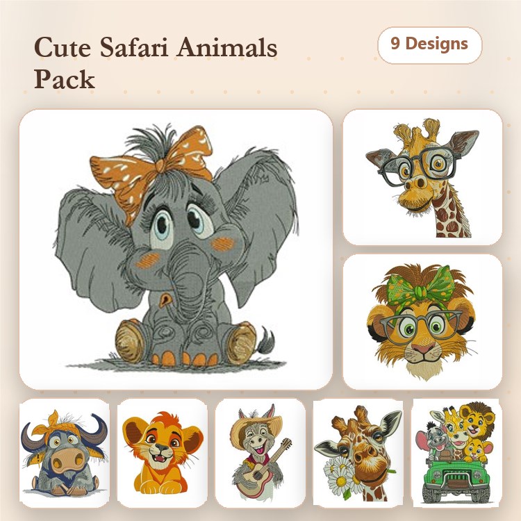 Safari Animals Embroidery Bundle – Elephant with Bow, Giraffe with Glasses, Lion with Flowers & More (9 Designs)