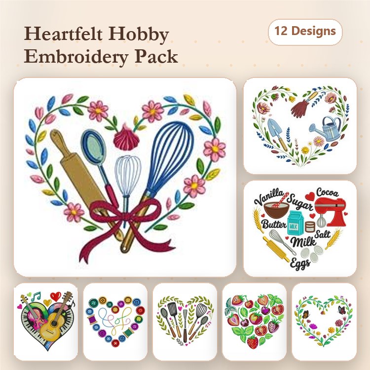 Baking and Cooking Embroidery Designs Bundle – Heart with Rolling Pin, Baking Ingredients, Sweet Treats & More (12 Designs)