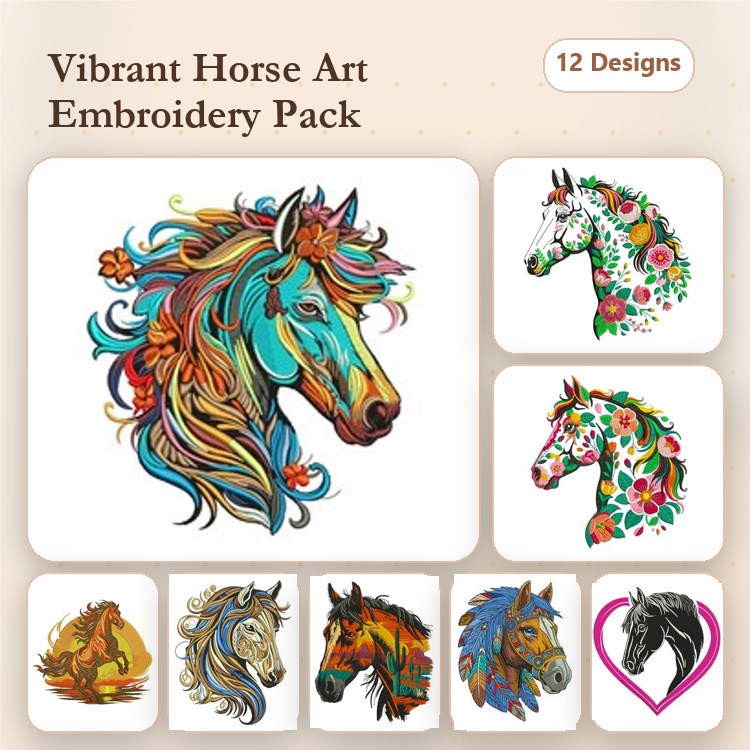 Colorful Horse Embroidery Bundle – Colorful Horse with Flowers, Floral Horse, Artistic Horse Profile & More (12 Designs)