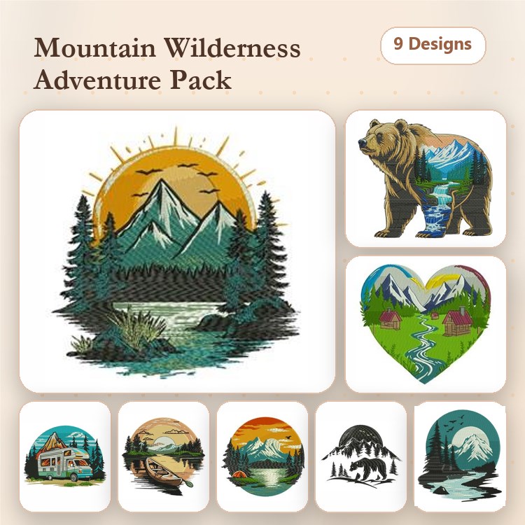 Mountain Wilderness Adventure Embroidery Bundle – Mountain Landscape, Bear, Cabin & More (9 Designs)