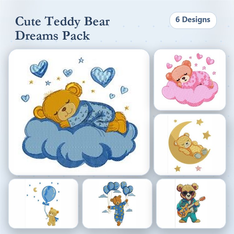 Teddy Bears Sleeping Embroidery Designs Bundle – Teddy Bear on Cloud, Sleeping Teddy Bear, Teddy Bear with Balloons & More (6 Designs)