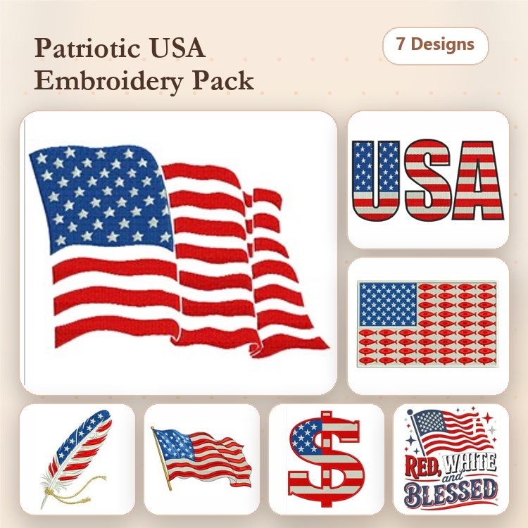 Patriotic USA Embroidery Designs Bundle – USA Flag, Waving USA Flag, USA Text & More (7 Designs)